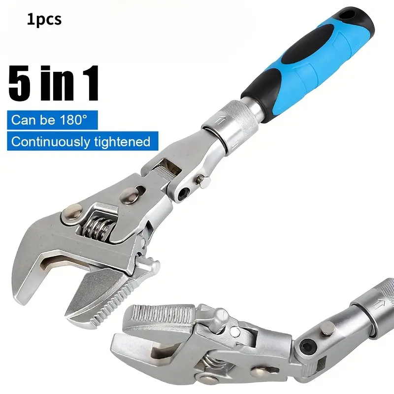 5-in-1 telescopic adjustable wrench! Rotatable adjustment + multiple inch sizes. One wrench serves the purpose of three. Ideal for car repair and household use. Foldable at 180 degrees. Adjustable torque wrench with rotating head. 5-in-1 design, available