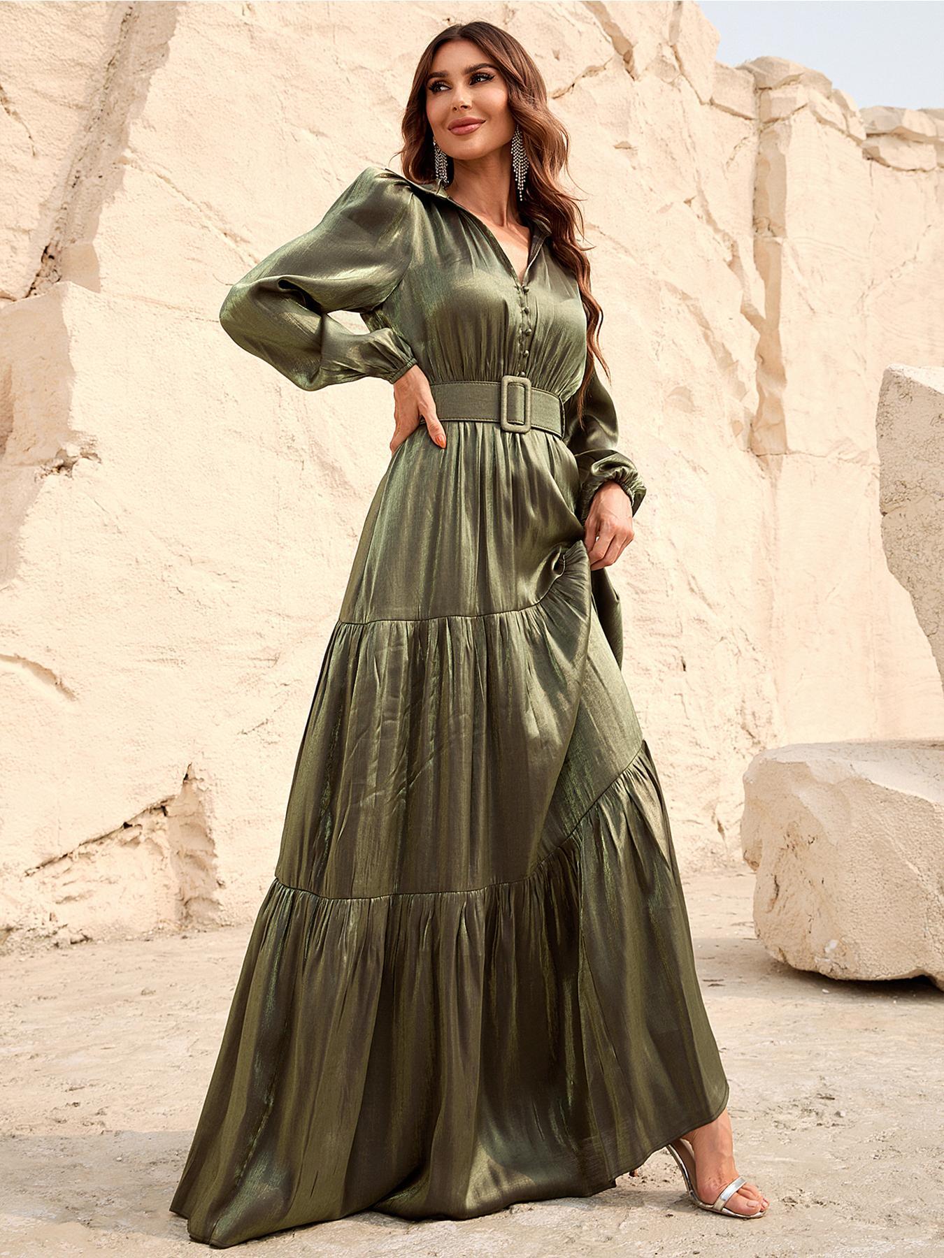 Women's Plain Buttons Belted Bishop Long Sleeve Vintage Chiffon Dress, Casual Wear, Christmas Party Dress, Elegant Collared Maxi Dress for Party Banquet Prom, Formal Dresses for Women, Ladies Fall & Winter Clothes
