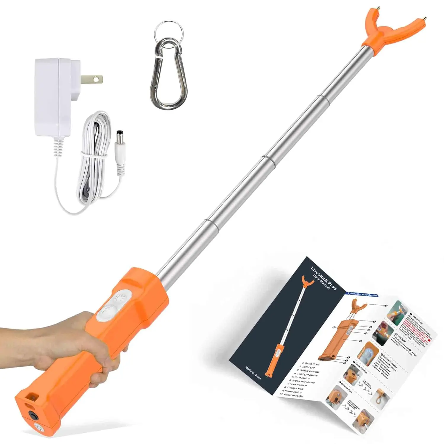 Cattle Prod, Waterproof Electric Livestock Prod for Cattle with LED Light, Retractable and Cattle Prod Livestock for Cows Hogs Sheep and More -37In