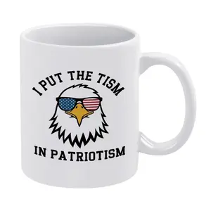 4th of July America's 250th Semiquincentennial Anniversary Patriotic Novelty Mug 11oz 15oz White Glossy Ceramic Coffee Cup, "I Put The Tism in Patriotism" Cool American Eagle US Flag Sunglasses Graphic, Casual Streetwear Relaxed Daily Drinkware
