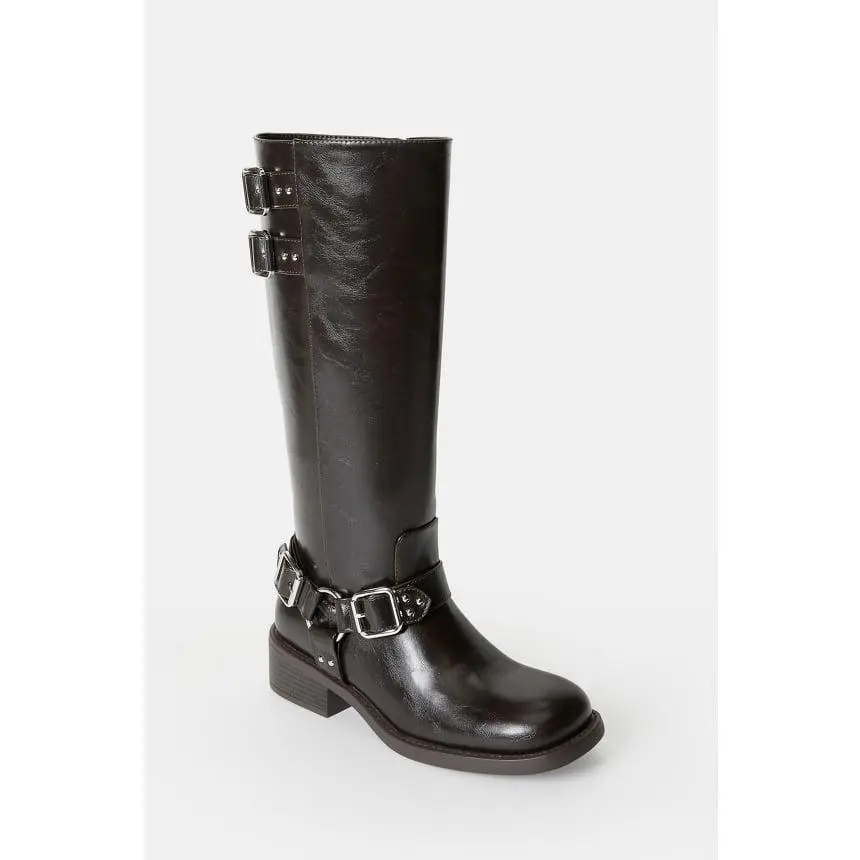 JUST FAB Women's Knee High Riding Boots Trendy Moto Buckle Tall Boots for Fall & Winter Moto Boots for Women Slip Resistant Comfortable 1.8-inch block heel Cowgirl