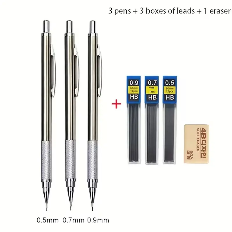 Mechanical pencil set 0.3 0.5 0.7 0.9 1.3 2.0 3.0mm All-metal art sketch Art Drafting Pencils mechanical pencil office supplies (including 1 pen +1 box of lead or 3 pieces +3 boxes of lead +1 rubber).