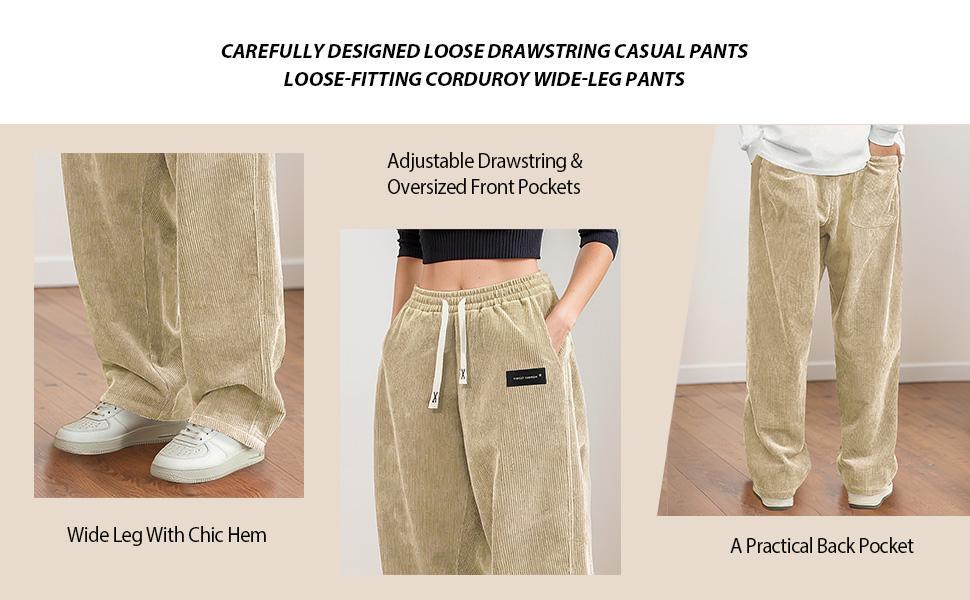 Women's Light Grey Corduroy Jogger Pants, Soft High Waist Drawstring Adjustable Trousers with Deep Side Pockets, Relaxed Straight Leg Casual Pants for All Seasons, Comfy Stretchy Daily Wear Trousers Perfect for Shopping, Walking, Work From Home, Campus