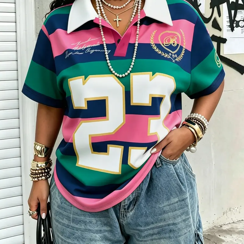 Women's Casual Street Fashion Streetwear Digital Print Short Sleeve T-Shirt, Colorblock Striped Design, Soft Comfortable Breathable Polo Neck Top, Loose Fitting Streetwear