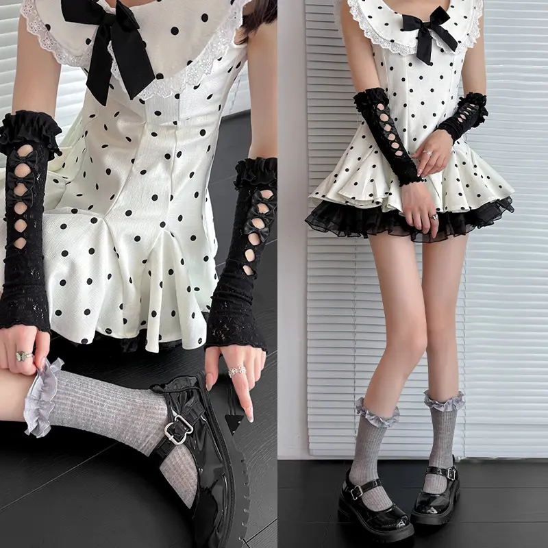 Women Thin Sock Sleeves & Arm Cuffs for Spring Summer, Lace Ruffle Bow Decor Hand Sleeves, Sweet Matching Accessory for Daily Sock Outfits