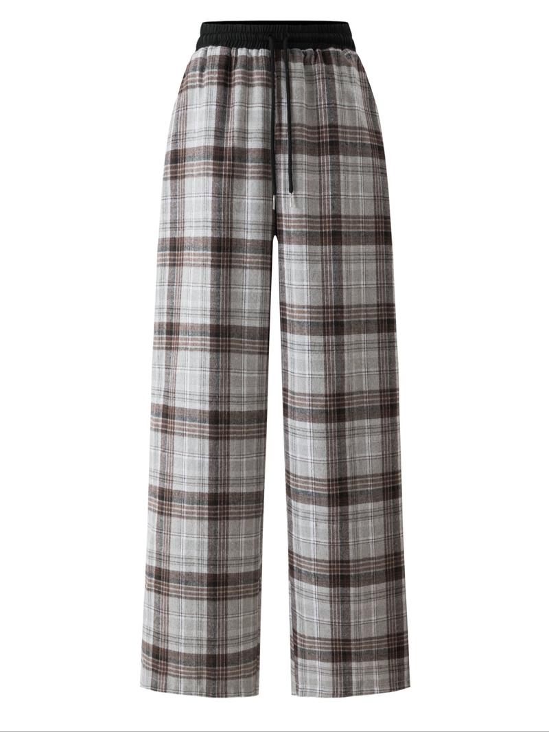 Women's Plaid Print Drawstring Waist Wide Leg Pants, Casual Streetwear Pants, Casual Comfy Pocket Trousers for Daily Wear, Ladies Bottoms for All Seasons