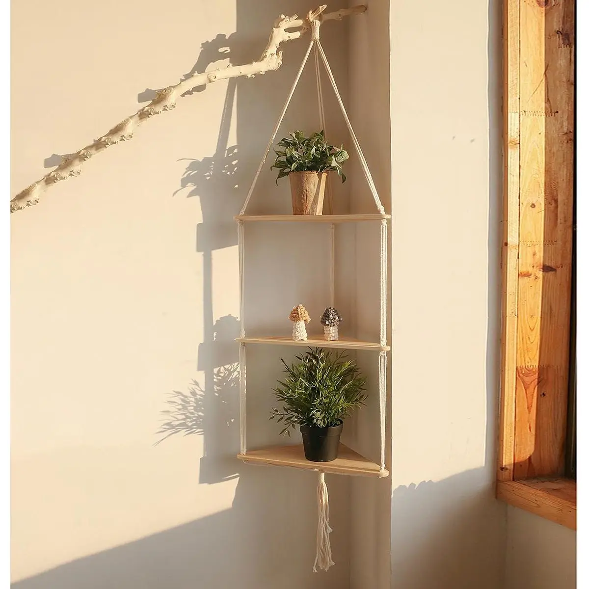 Artilady Macrame White 3-Tier Wall-Hung Compact Corner Floating Shelf, Wooden Home Decor Storage Organizer, Lightweight Boho Rustic Supply for Bedroom, Living Room (Holds Pots, Photos)