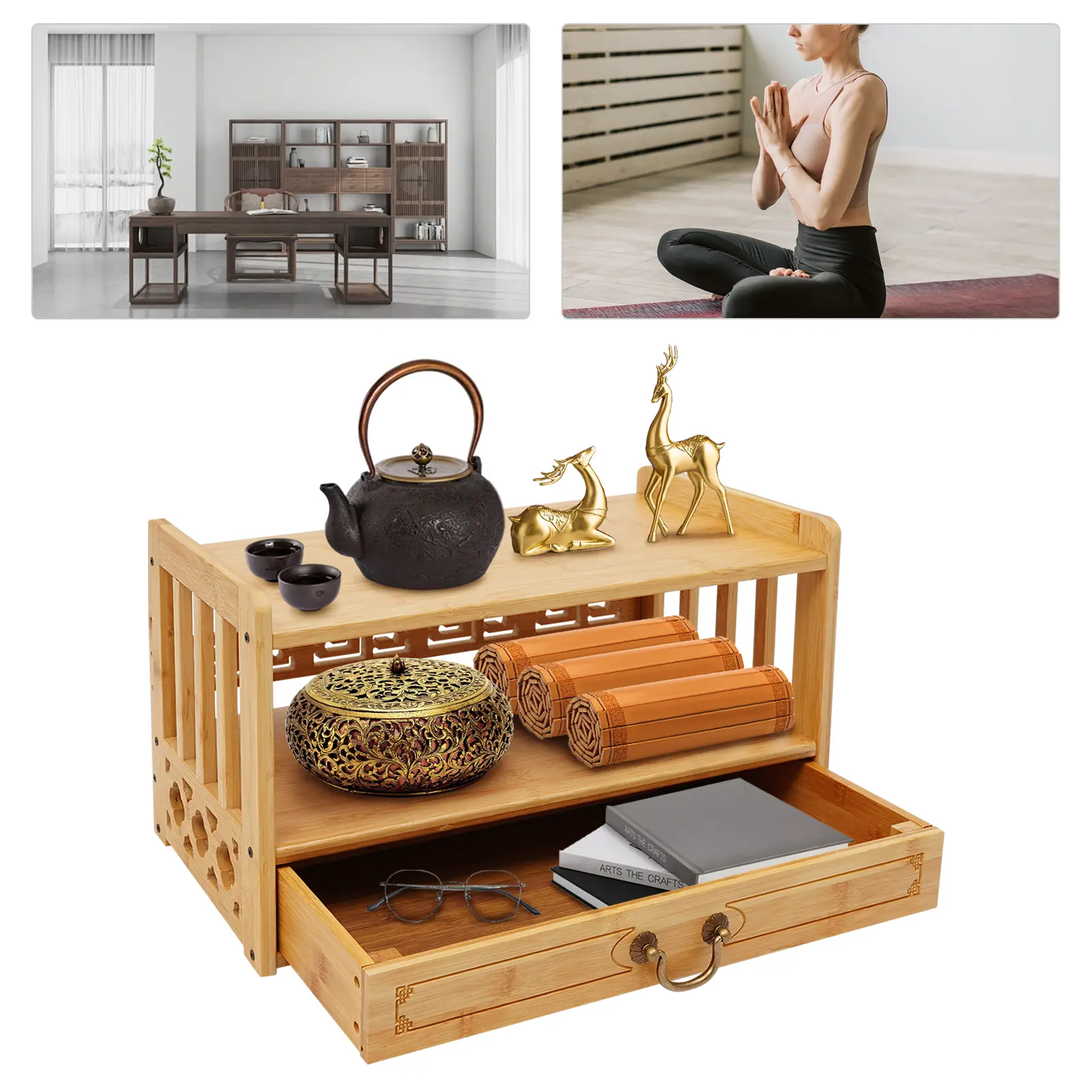 Bamboo Storage Table 52cm for Meditation Tea Set Ritual Items Home Use
