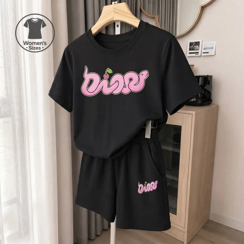 Women's Pink Snake Graphic Short Sleeve T-Shirt And Shorts Set, Casual Summer Two-Piece Outfit With Crew Neck Top And Drawstring Waist Shorts For Daily Wear