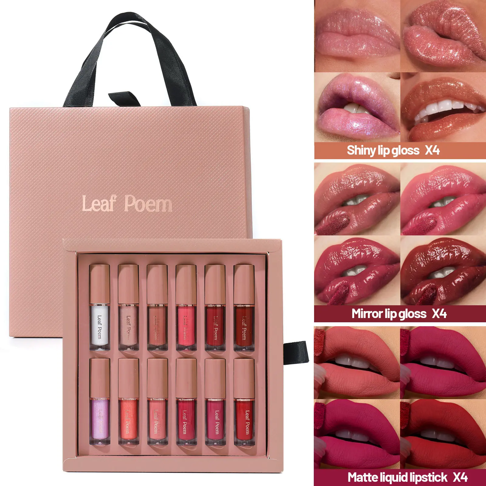 12-color lip gloss set with pearlescent shimmer, waterproof, non-stick cup, matte lipstick, mirror water gloss lip glaze set