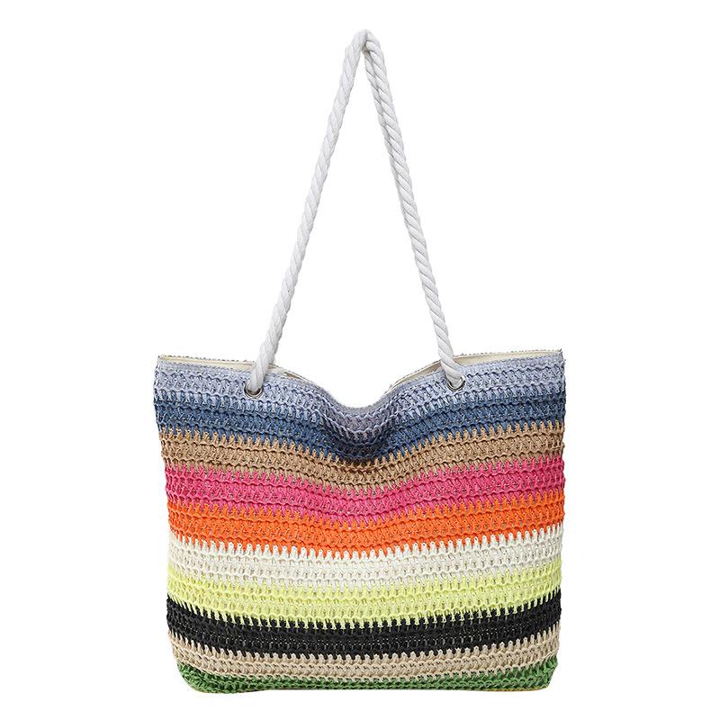 2026 New Women Fashion Shoulder Bag Rainbow Striped Color Block Straw Bag Large Capacity Beach Bag for Vacation