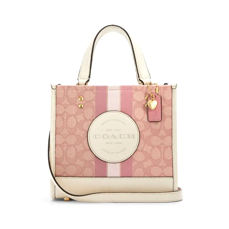 COACH Dempsey 22 Classic Monogram Canvas and Leather Tote Bag for Women, Crossbody and Handheld Style, Sakura Pink