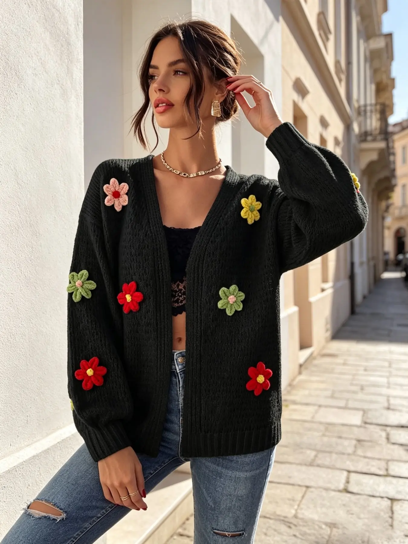 Vintage Colorful Floral Knit Cardigan Women, V Neck Loose Drop Shoulder Lantern Sleeve Sweater Coat, Handmade Crochet Hollow Out Texture