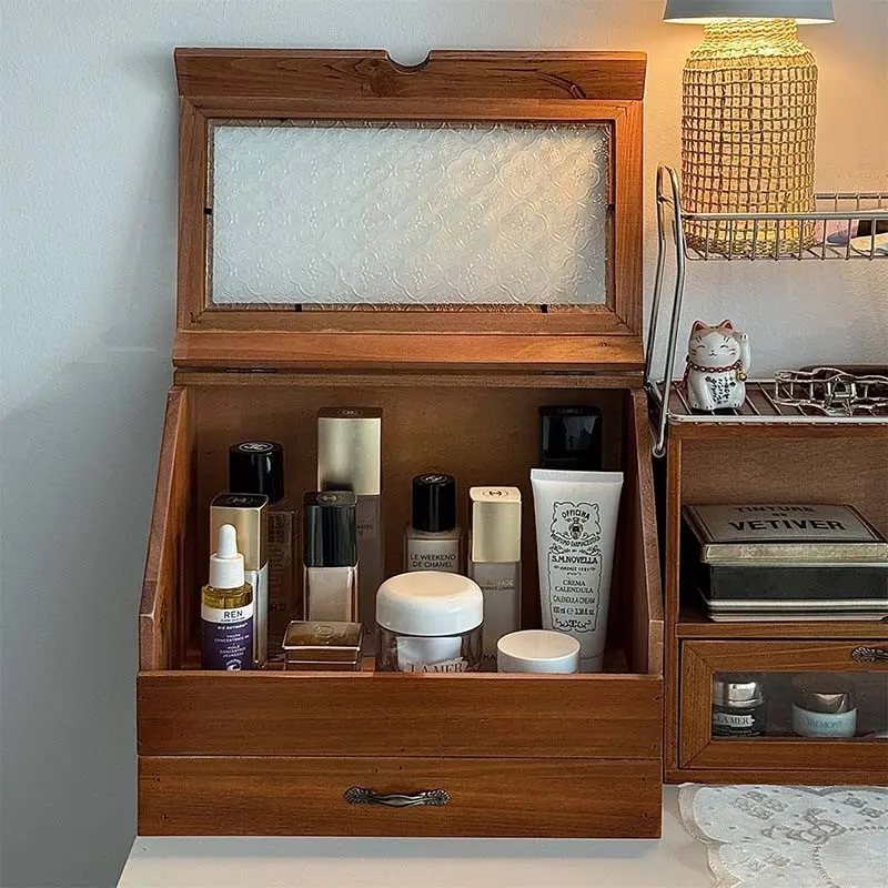 Vintage Wooden Desktop Storage Box, Drawer Style Lipstick Cosmetic Organizer, Jewelry Holder, Retro Wood Desk Organizer