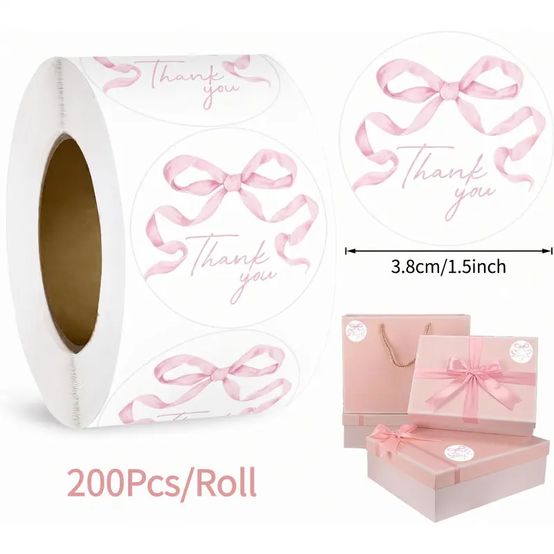 200Pcs Pink Bow Thank You Stickers 1.5Inch Coquette Bowknot Self-Adhesive Sticker Roll for Wedding Birthday Party Decoration Favors
