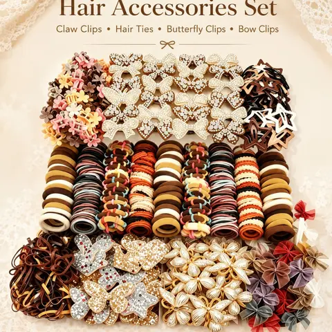 512 Pieces/set, Autumn Style Cute Hair Accessories Set for Girls, Elegant Butterfly & Flower Motifs Hair Clips, Coffee Tone Hair Ties & Barrettes, Soft, Perfect for Daily Wear, School, Parties, Gift Giving