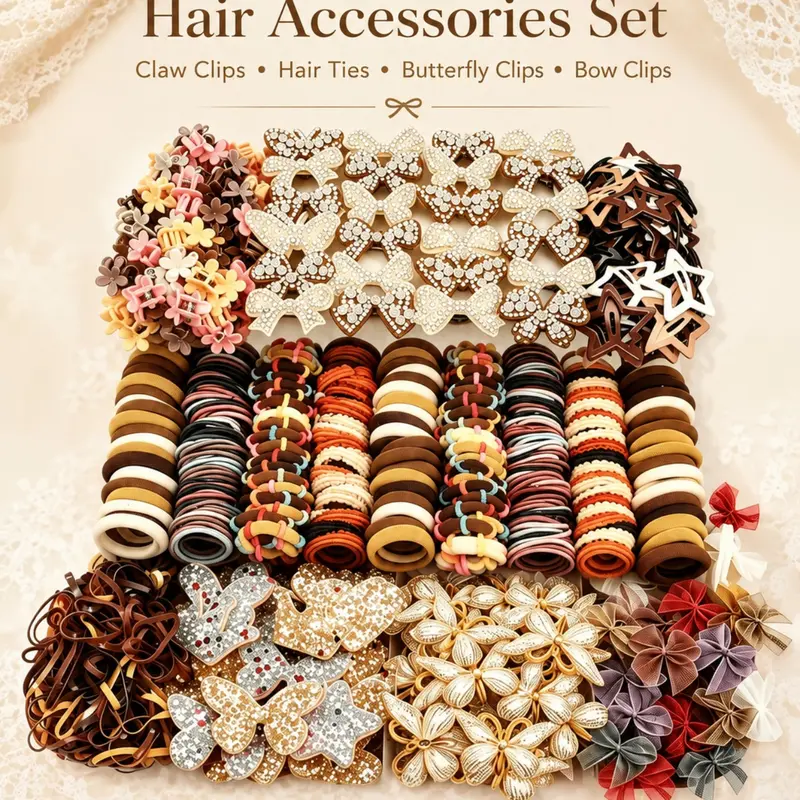 512 Pieces/set, Autumn Style Cute Hair Accessories Set for Girls, Elegant Butterfly & Flower Motifs Hair Clips, Coffee Tone Hair Ties & Barrettes, Soft, Perfect for Daily Wear, School, Parties, Gift Giving
