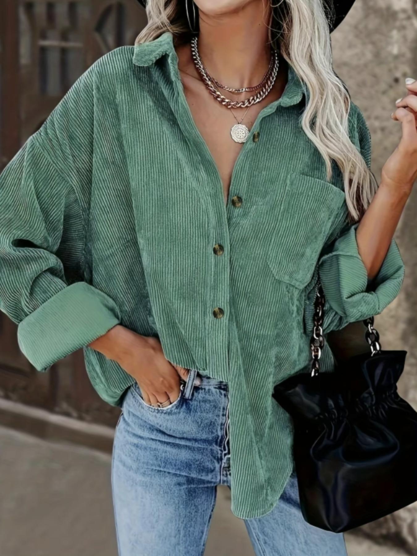 Women's Corduroy Button Shirt With Pocket, Long Sleeve Loose Drop Shoulder Style For Spring & Fall