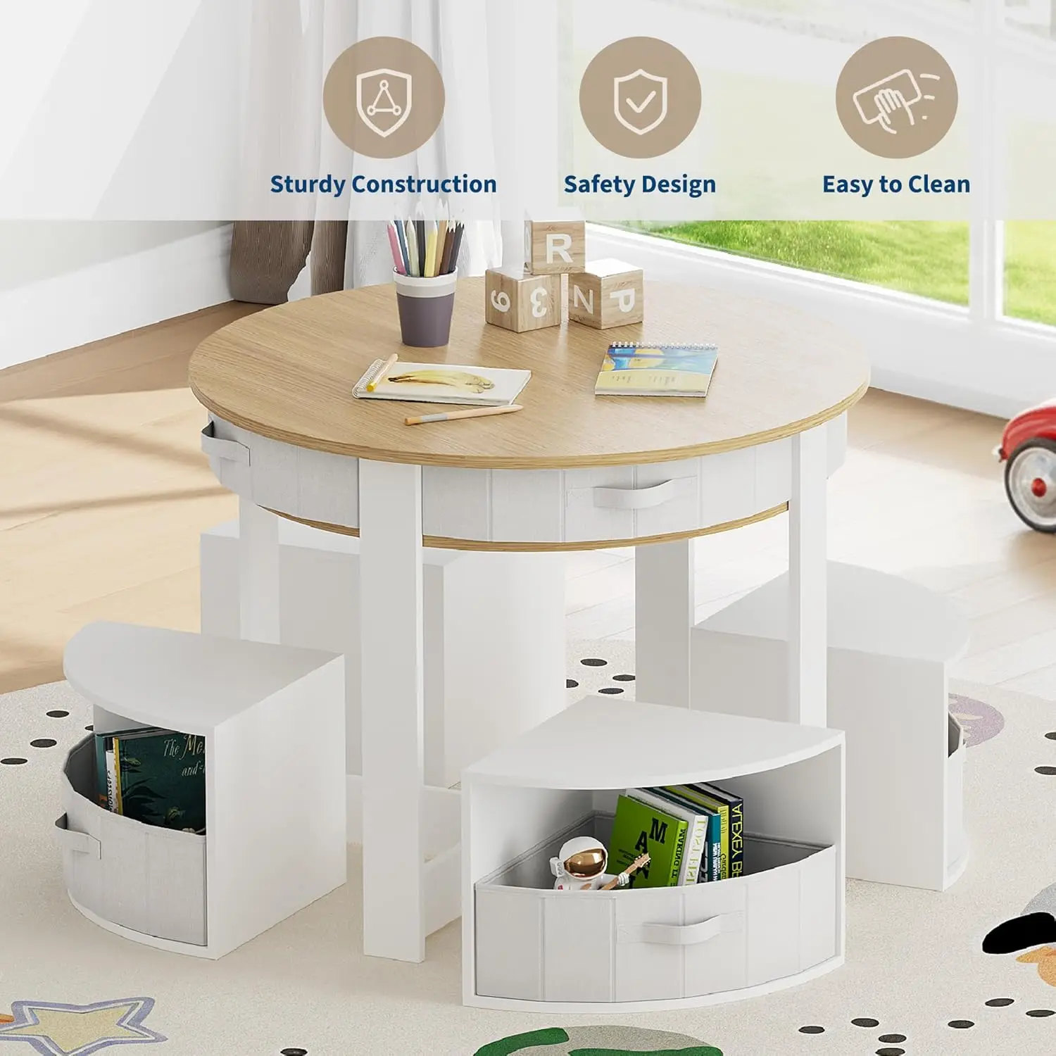 5-Piece Kids Activity Table and Chair Set – Wooden Round Table with 4 Storage Stools, Fabric Drawers, Nesting Design for Toddlers, Ideal for Play, Art