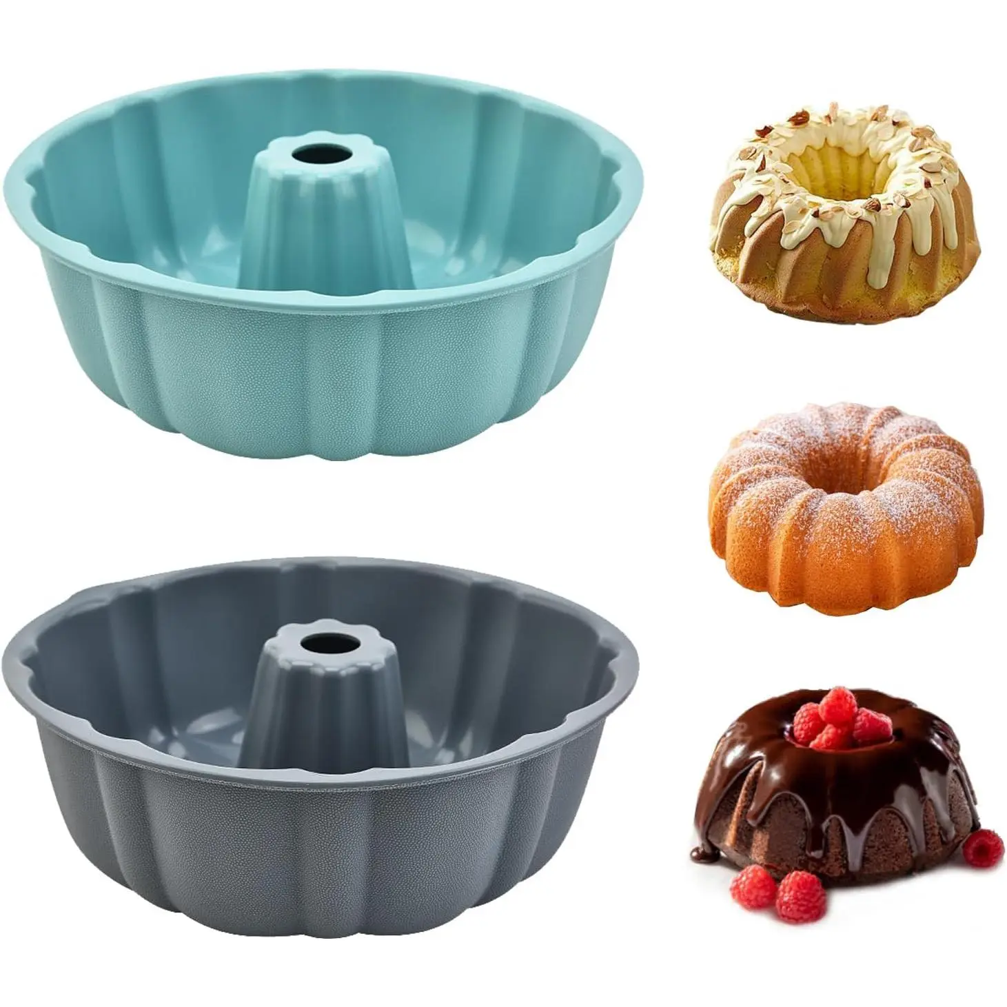 2 Pack  Cake Pan Nonstick,10 Inch,  Cake Molds,Pound Cake Pan, Baking for Jello,Gelatin,Cake,Brownie and Bread (Grey+Blue)