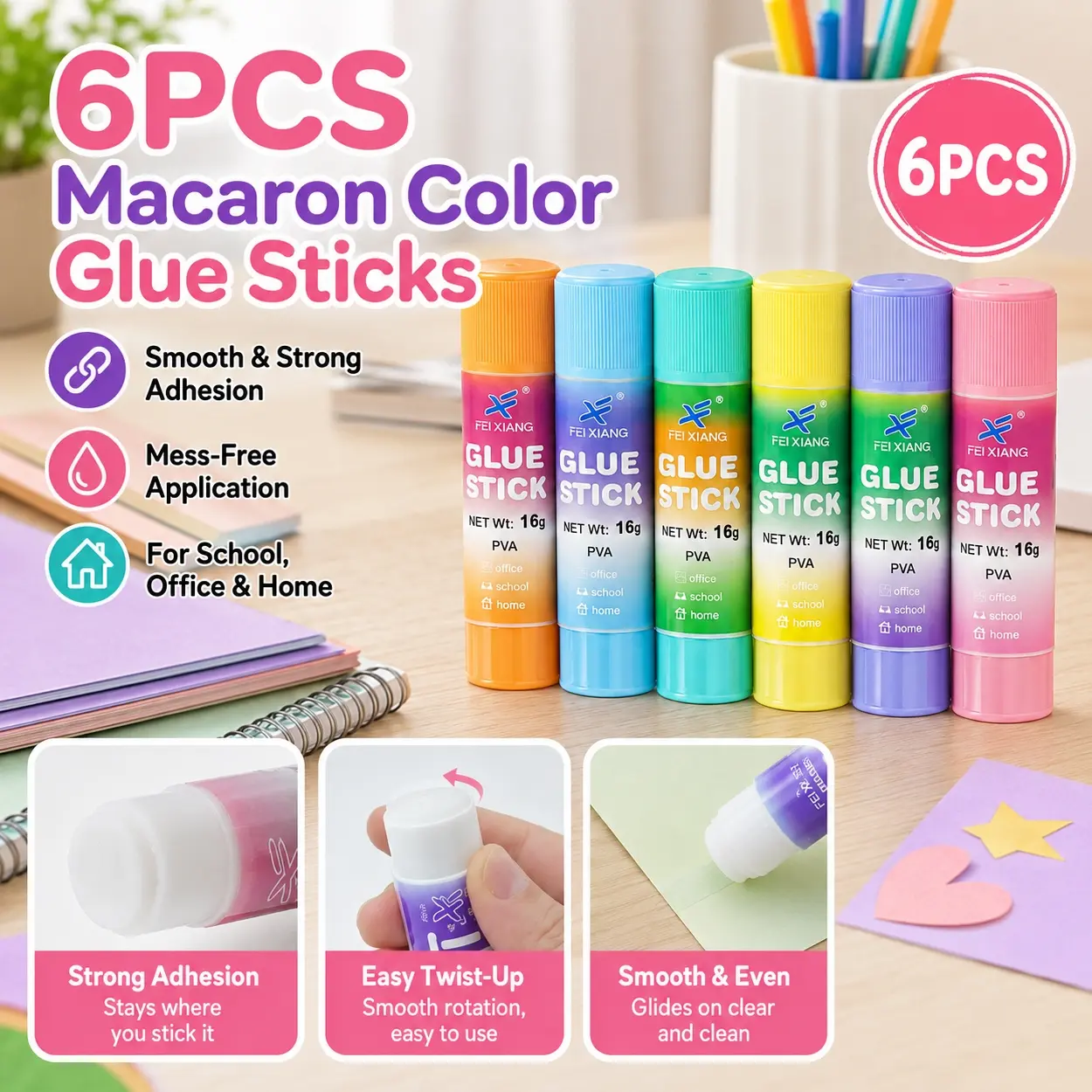 6 Pack 16g PVA Glue Sticks, Macaron Color Solid Adhesive Sticks for Paper Crafts, Scrapbooking, Card Making and DIY Projects, Smooth Easy Apply Stationery Glue for School, Office, Home, Classroom, Art Projects and Everyday Craft Supplies