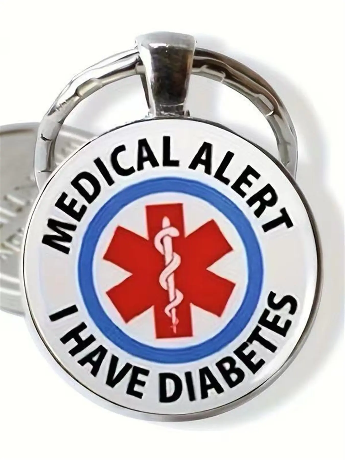 1 PC Fashion DIY Keychain Medical Alert Diabetes Pattern, Round Glass Keychain for Men and Women, Car Decoration, Diabetes Patient Warning, Cool Keychains