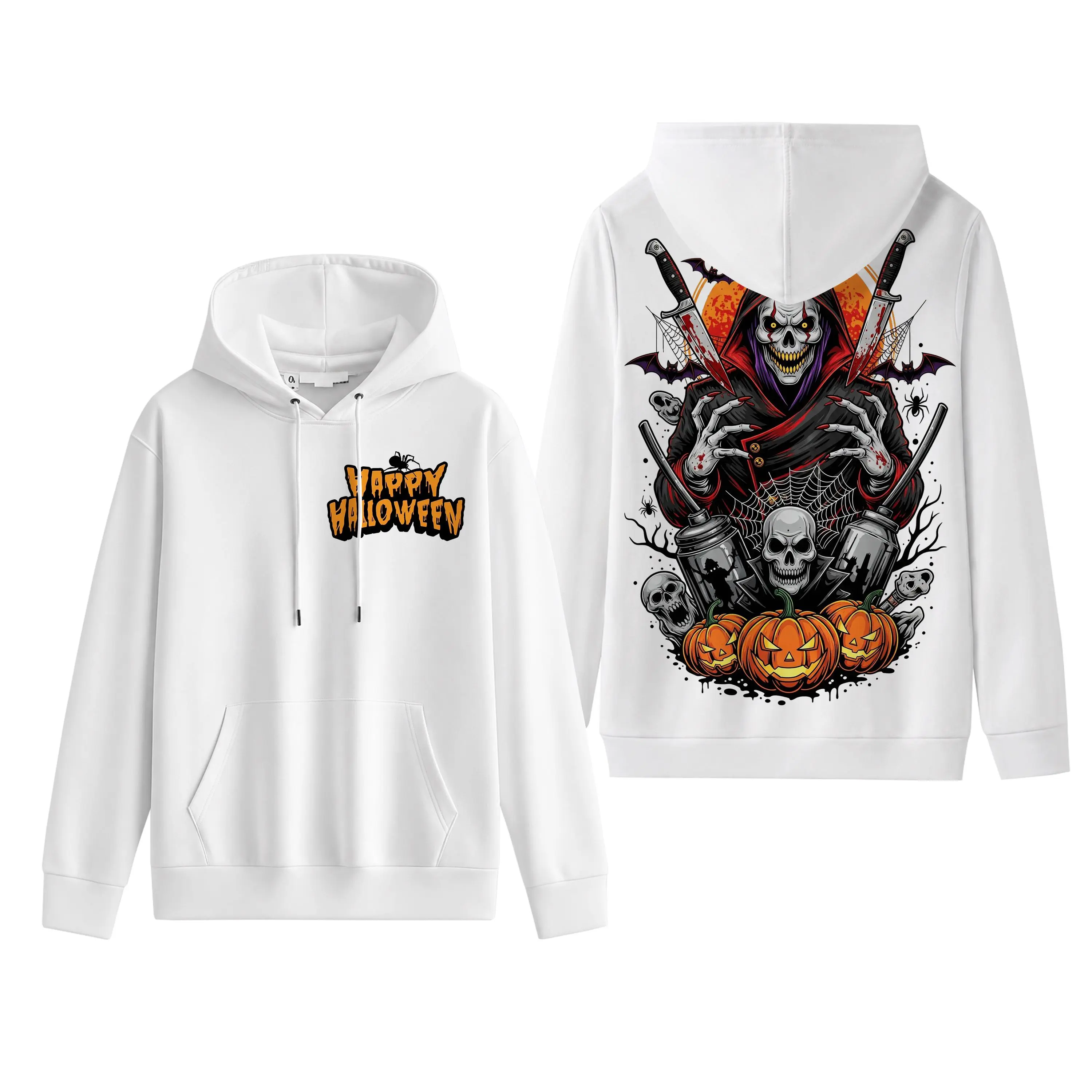 Men's Pure Cotton Drawstring Hood Gothic Hoodie - White Pullover with Grim Reaper, Skull Motifs, Pumpkin Back Gothic Prints, Roomy Cut for Costume Parties, Fall Outfits, Small