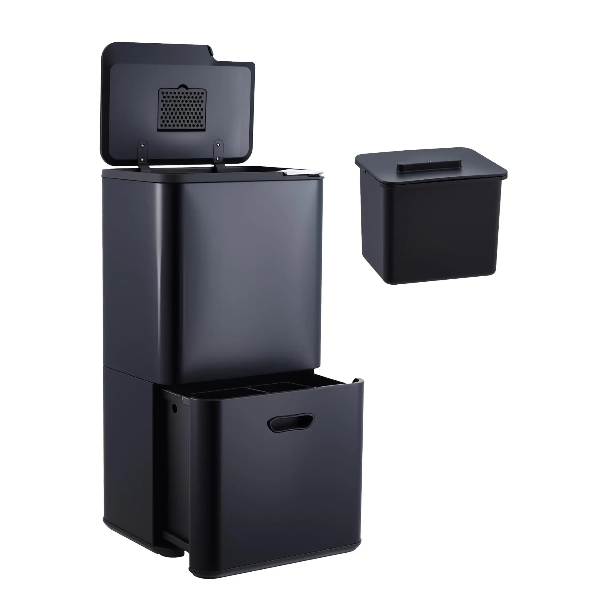 Garvee 16 Gal Dual Kitchen Trash Can with 2 Compartments (33L + 28L), Stainless Steel Garbage and Recycle Bin Combo, Removable Inner Buckets, Odor Control, Black