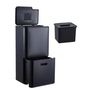 Garvee 16 Gal Dual Kitchen Trash Can with 2 Compartments (33L + 28L), Stainless Steel Garbage and Recycle Bin Combo, Removable Inner Buckets, Odor Control, Black