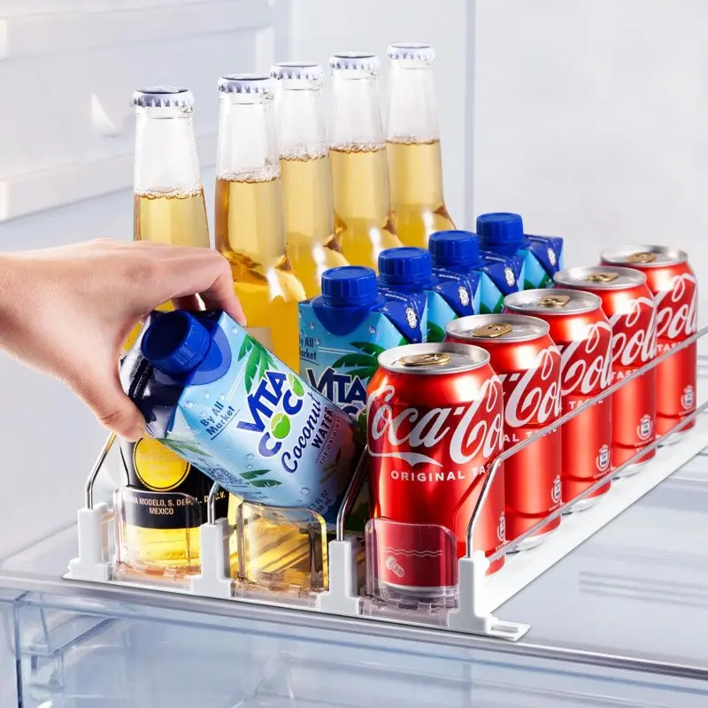 Adjustable Width Refrigerator Organizer Rack, Automatic Push-Out Beverage Holder for Beer, Cans, Water Bottles, Versatile Easy Storage Solution to Reduce Clutter
