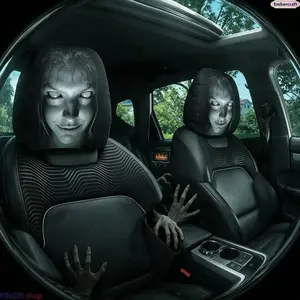 Viral Halloween Horror Face Car Headrest Covers 2-Pack, Spooky Ghost Car Seat Protectors, Funny Prank Auto Interior Decor, Universal Stretch Fit, Soft Washable Fabric for Trunk or Treat, Halloween Parties & Haunted House
