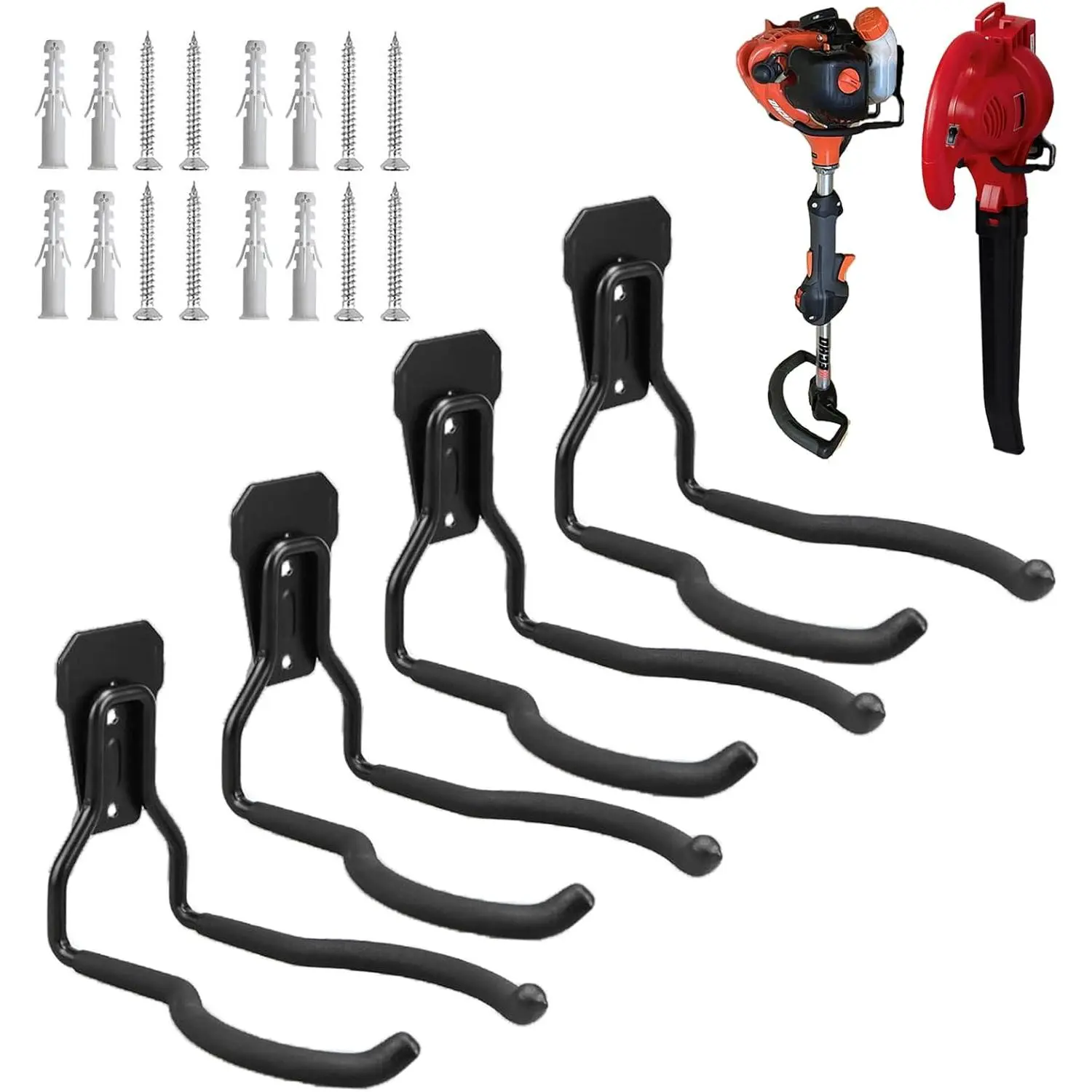 Garden Power Tool Hanger, Garage Wall Hooks, Weedeater Rack, String Trimmer Hanger, Utility Hooks for Garage Tool Organizers and Storage - Black, 4 Pcs, Chainsaws