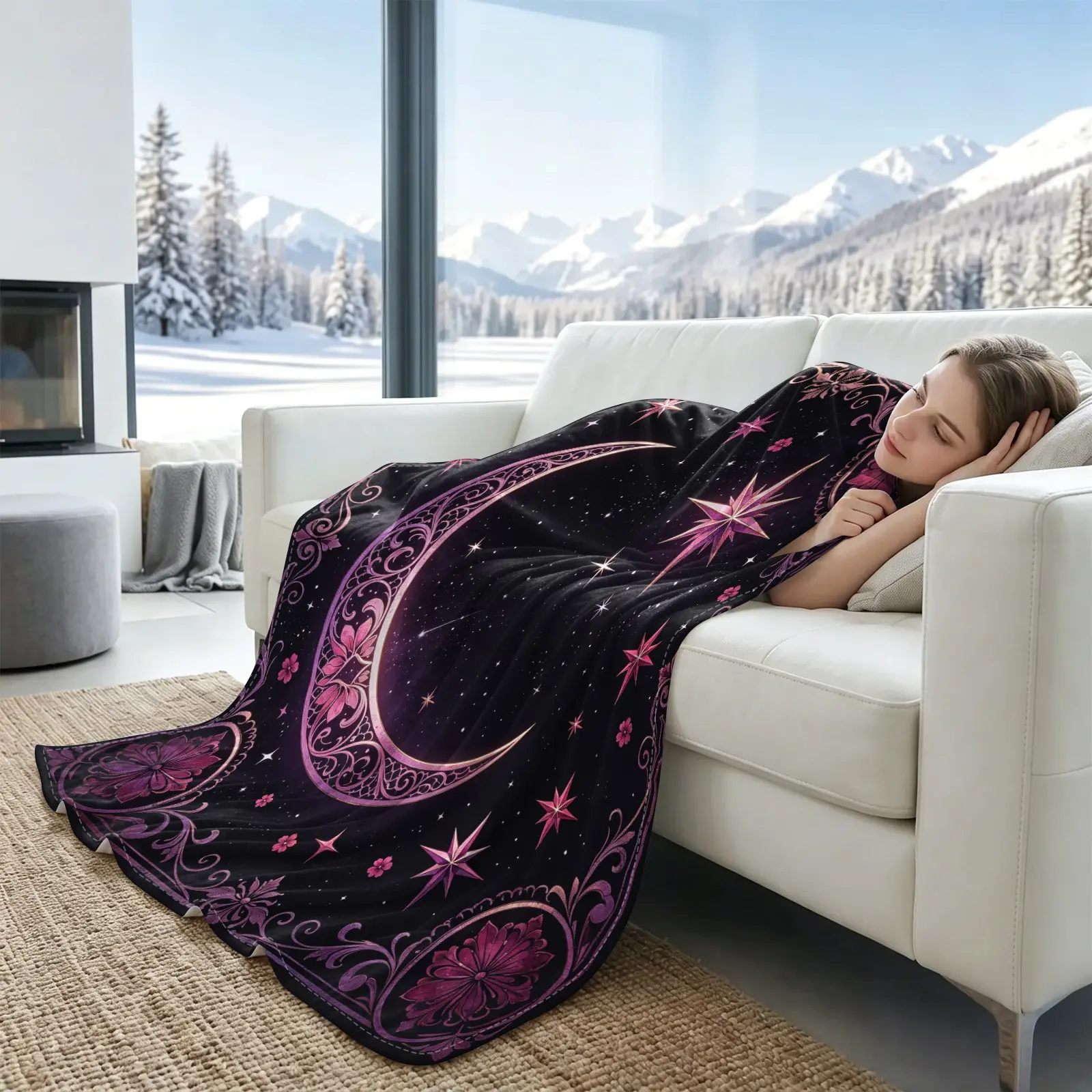 Magenta Floral Moon Star Cooling Blanket, Arc-Chill Icy Touch Summer Throw for Hot Sleepers, Lightweight Multi-Functional Sofa Bed Cover, Witchy Galaxy Summer Vibes Decor for Sofa Office Nap Travel Camping, Ideal Mystical Astrology Gift