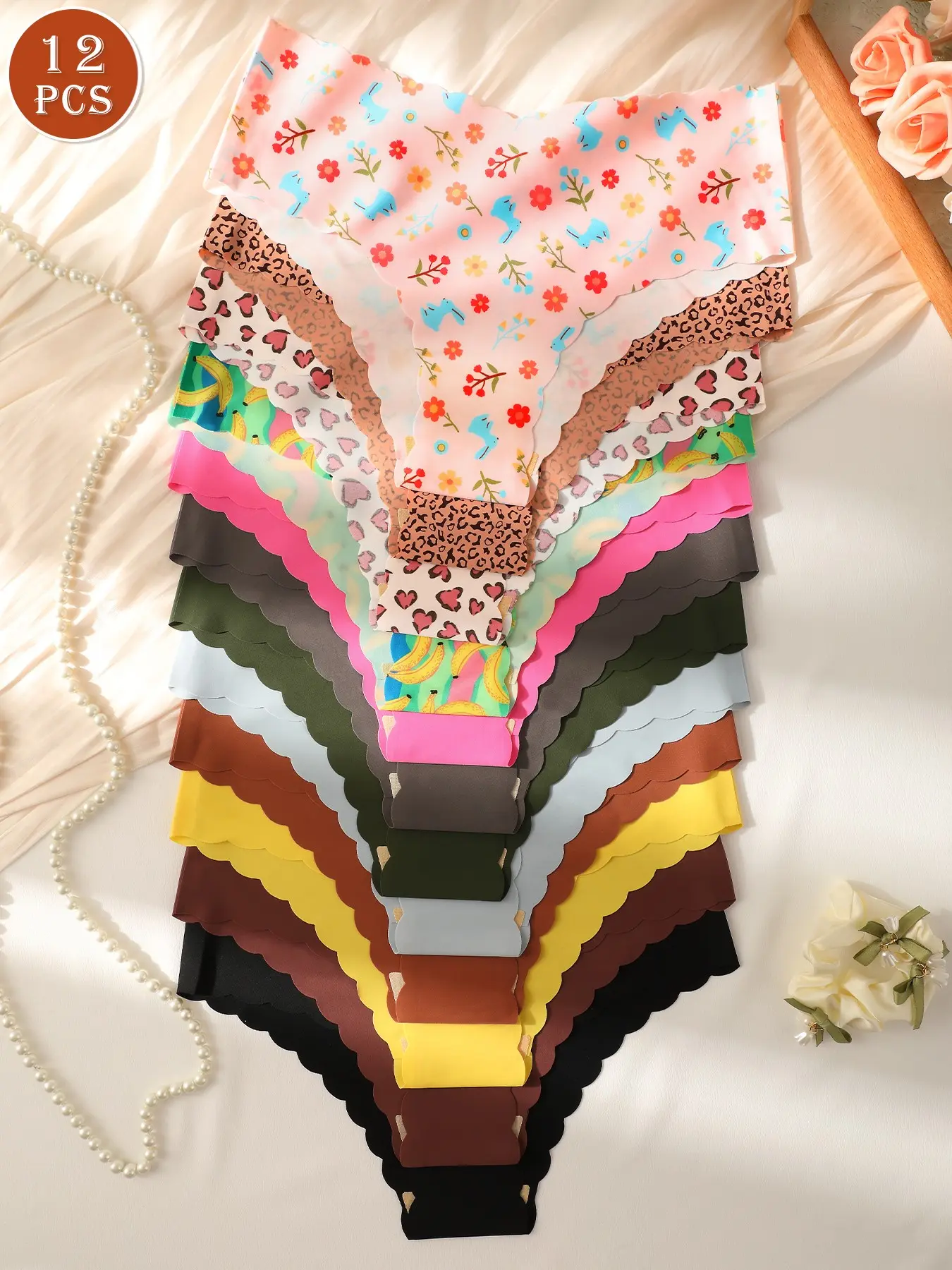 12 Pcs Seamless Women's Triangle Briefs, Floral Heart Banana Leopard Print, Low Waist Sexy Underwear, All Seasons Comfortable, Fitted Seamless Panties