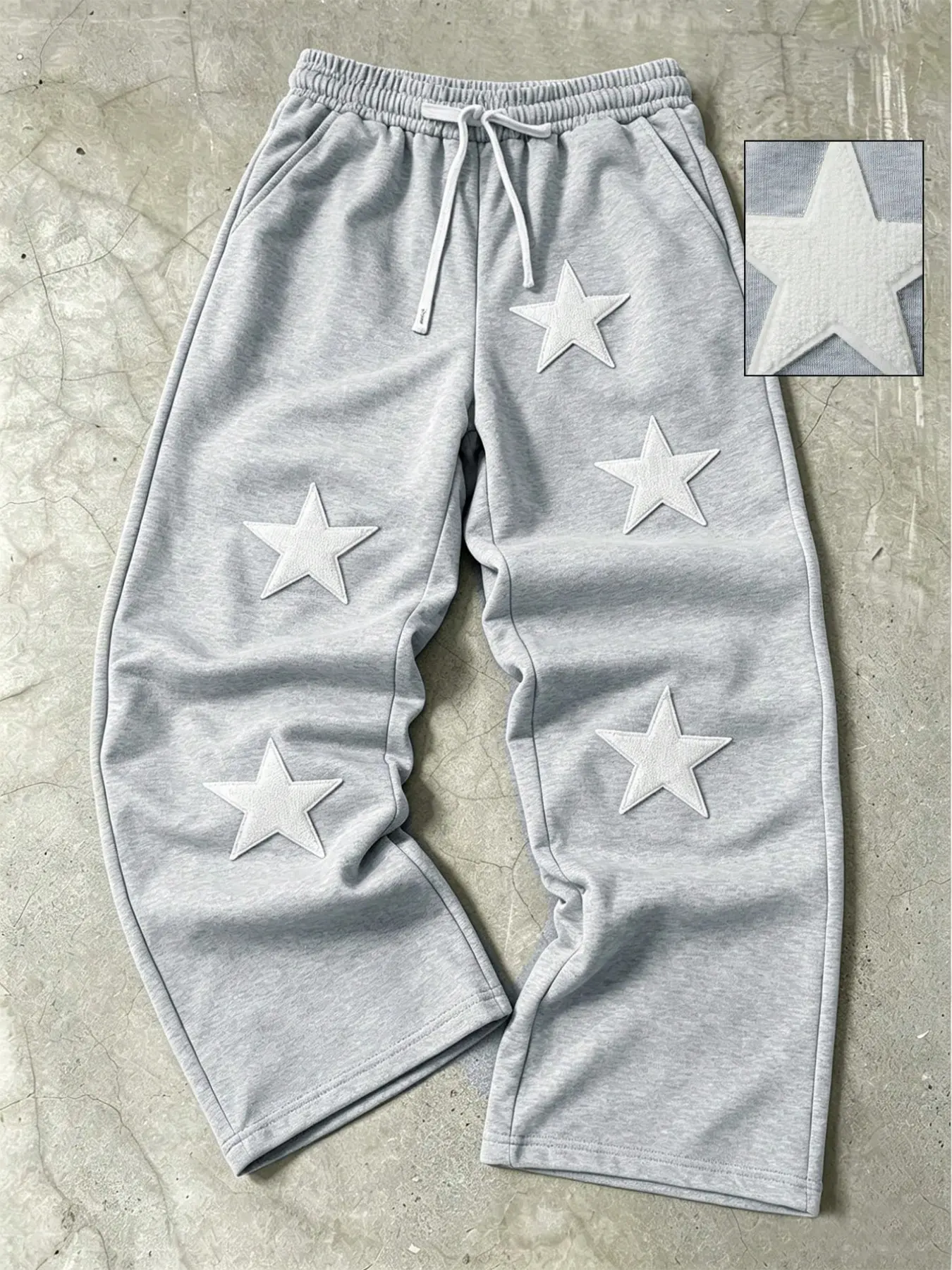 Oversized Grey Wide Leg Sweatpants with White Chenille Star Applique Patches Elastic Waist Drawstring Casual Y2K Streetwear Lounge Pants