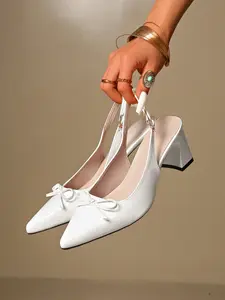 Pointed Toe Bow Block Heel Slingback Pumps Available in White Black and Burgundy Soft Leather 2.76 Inch Mid Heel Elegant Heels for Office Wedding Bridesmaid Date Party Daily Wear
