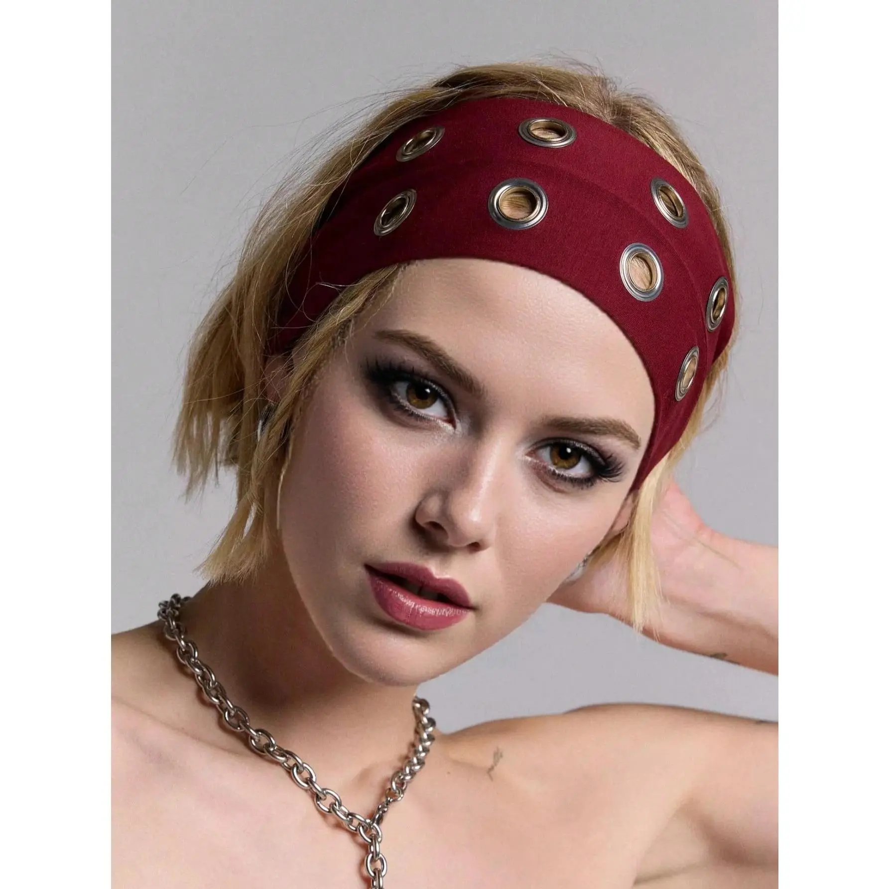 Hollow Out Eyelets Elastic Headband Grunge Punk Wide Hairbands Grommet Hair Accessory