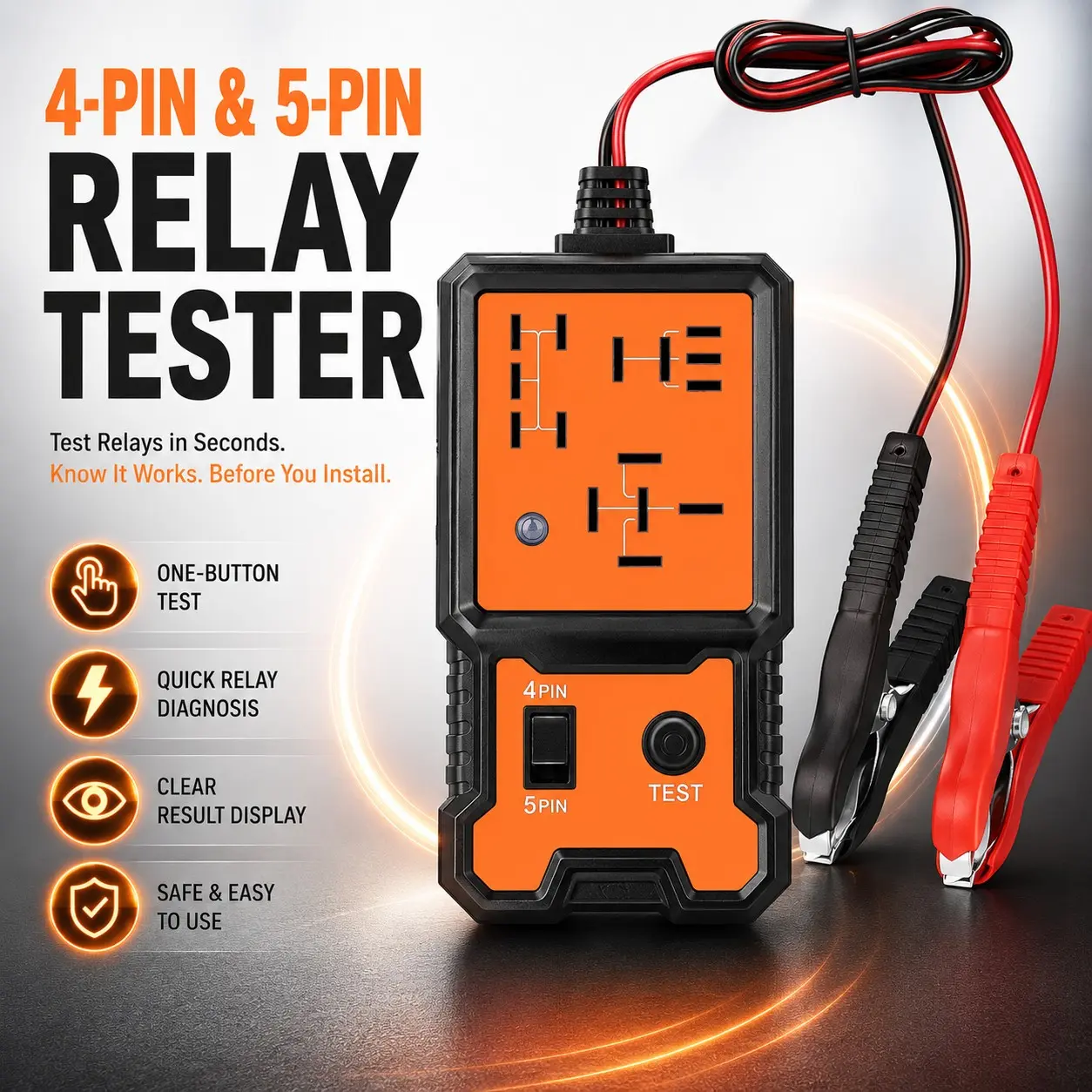 Automotive Relay Tester, 4-Pin & 5-Pin Car Relay Diagnostic Tool, One-Button Relay Checker, Quick Visual Test Display, Auto Electrical Troubleshooting