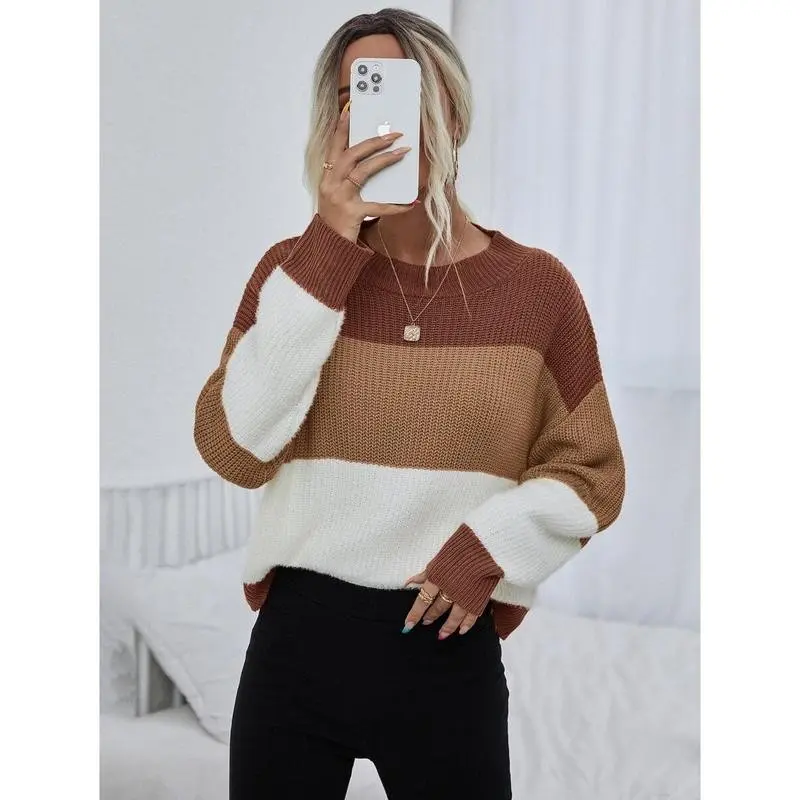 Fashion Color Block Drop Shoulder Sweater Women Spring Autumn Casual Long Sleeve Regular Fit Multi Color Drop Shoulder Pullover Women Sweater Long Sleeve Top Knitted Pullover Autumn Winter Wear