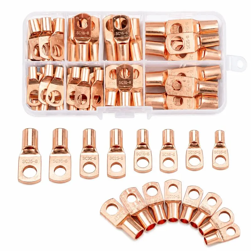 STREBITO 60-Pack Solder-Free Copper Cable Lug Terminal Kit - Bare Wire Crimp Ring Connectors, Heavy-Duty Electrical Components for Secure Cable Joining