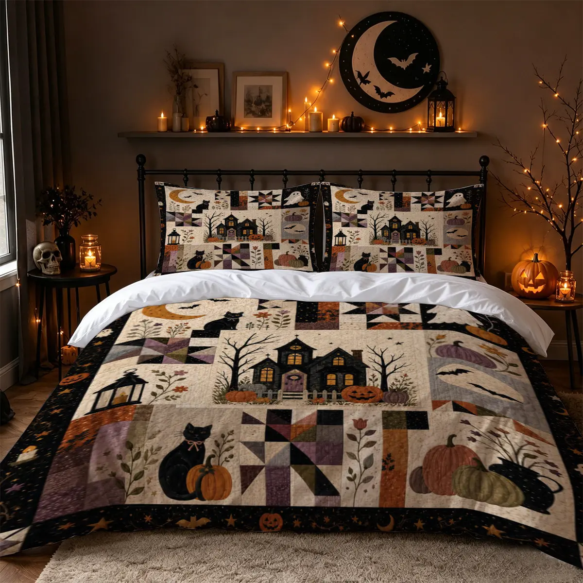 3Pcs Vintage Halloween Haunted House Black Cat Pumpkin Ghost Patchwork Print Duvet Cover Set, Primitive Farmhouse Fall Bedding with 1 Duvet Cover and 2 Pillowcases, No Comforter, Bedroom Decor for Adults, Apartments, Dorms and Guest Rooms