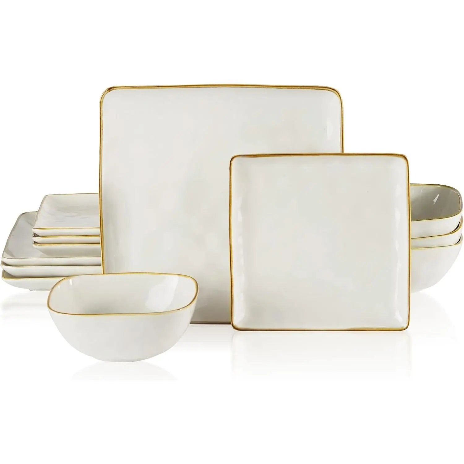 Square Stoneware Dinnerware Sets for 4, Vanilla White | 12-  Square Plates and Bowls Sets. Microwave & Dishwasher Safe. Scratch Resistant