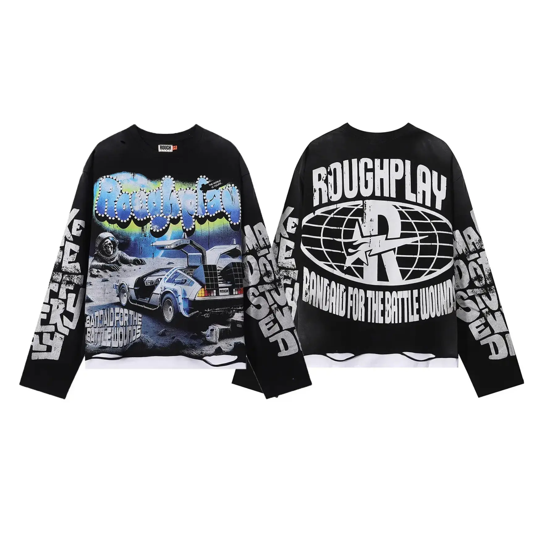 ROUGHPLAY BACK TO THE FUTURE Rhinestone Graphic Long Sleeve T-Shirt 100% Cotton Loose Oversized Y2K Faux Layered Faded Washed Distressed Top Autumn Casual Streetwear Tees Men Women Unisex