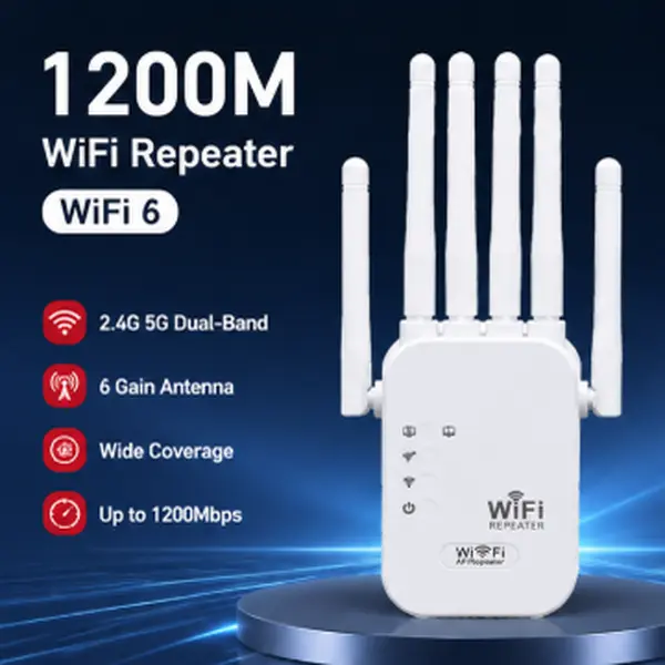 1200Mbps Dual Band 2.4GHz-5GHz WiFi Extender (WiFi Repeater), External Device with 6 High Gain Antennas for Long Range Coverage, 1x 1200Mbps Range Extender for Home, Library, Coffee Shop Supplies, Signal Boosting