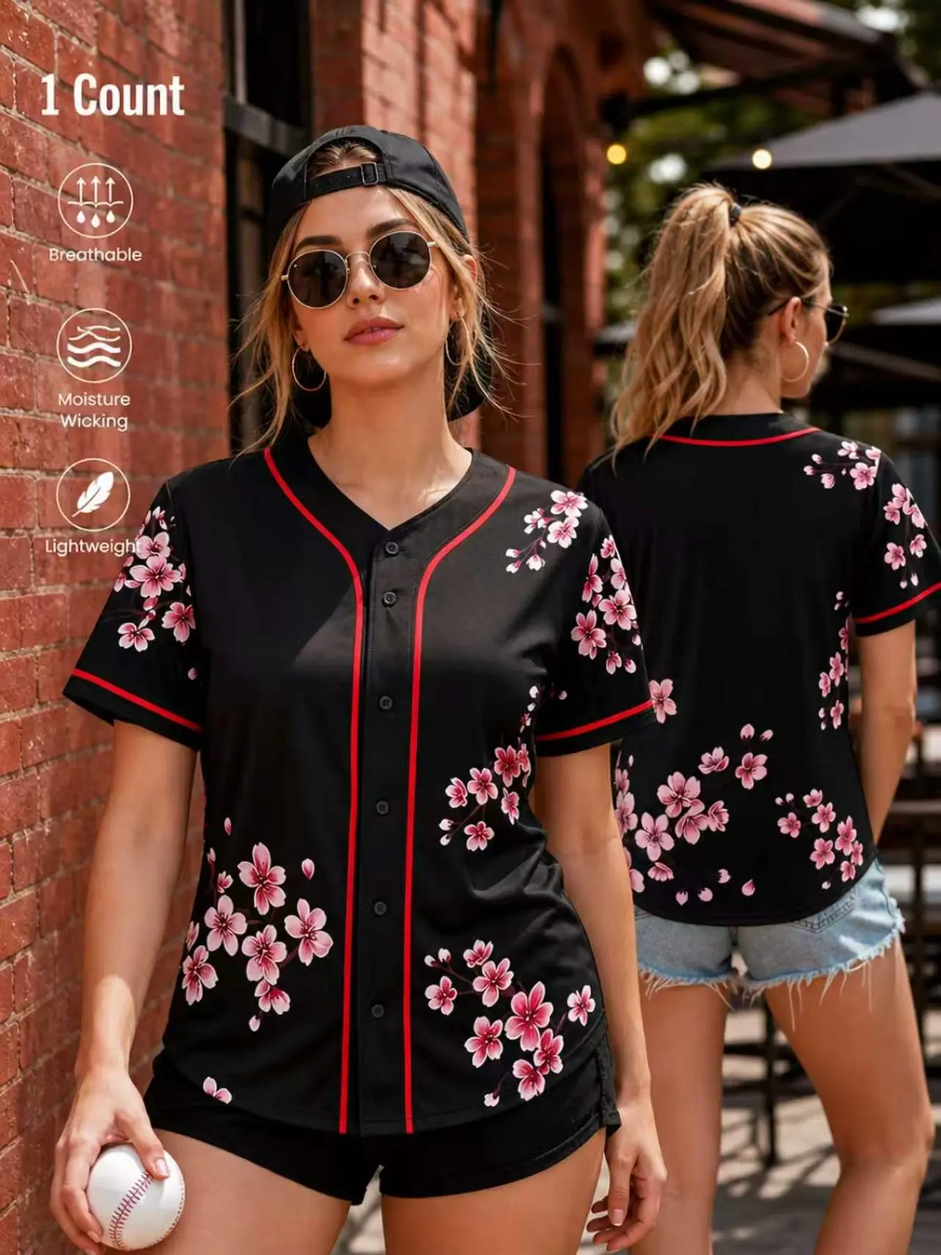 Women's Cherry Blossom Baseball Jersey Short Sleeve Button Down Sakura Print Casual Sports Streetwear Top