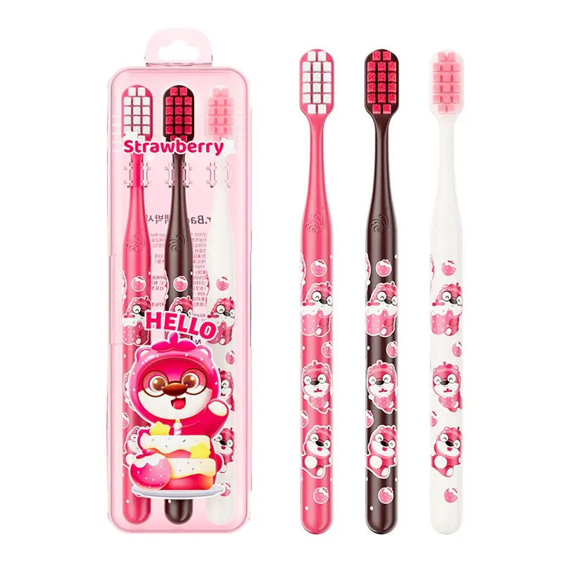 3-Piece Boxed Set Soft-Bristled Toothbrushes Cute Strawberry Bear brush handle – Suitable for Couples Deeply Cleans Plaque and Debris Between Teeth Without Damaging Gums