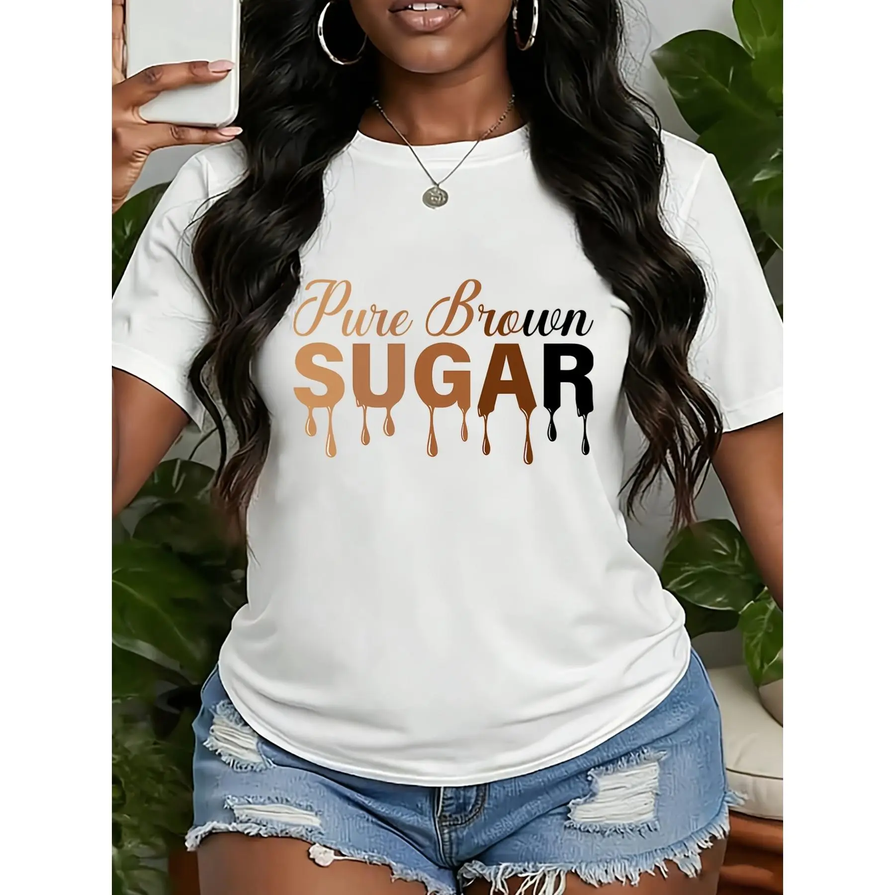 100% Cotton Unisex Round Neck Tee, Pure Brown Sugar Gradient Drip Letter Chest Graphic Loose Casual Top, Melting Brown Tone Text Melanin Pride Quote Print For Women Daily Soft Breathable Summer Gift, Non-Washed Fabric