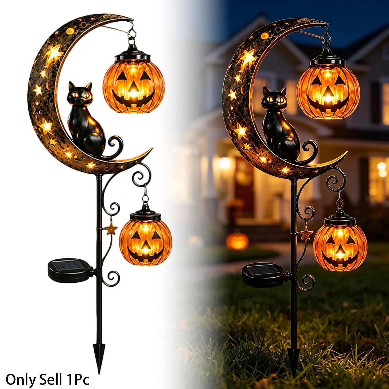 Solar Halloween Cat and Pumpkin Moon Garden Stake Light, Waterproof Metal Outdoor Decor, Automatic Switch, Fall Festival Lawn Pathway Lantern