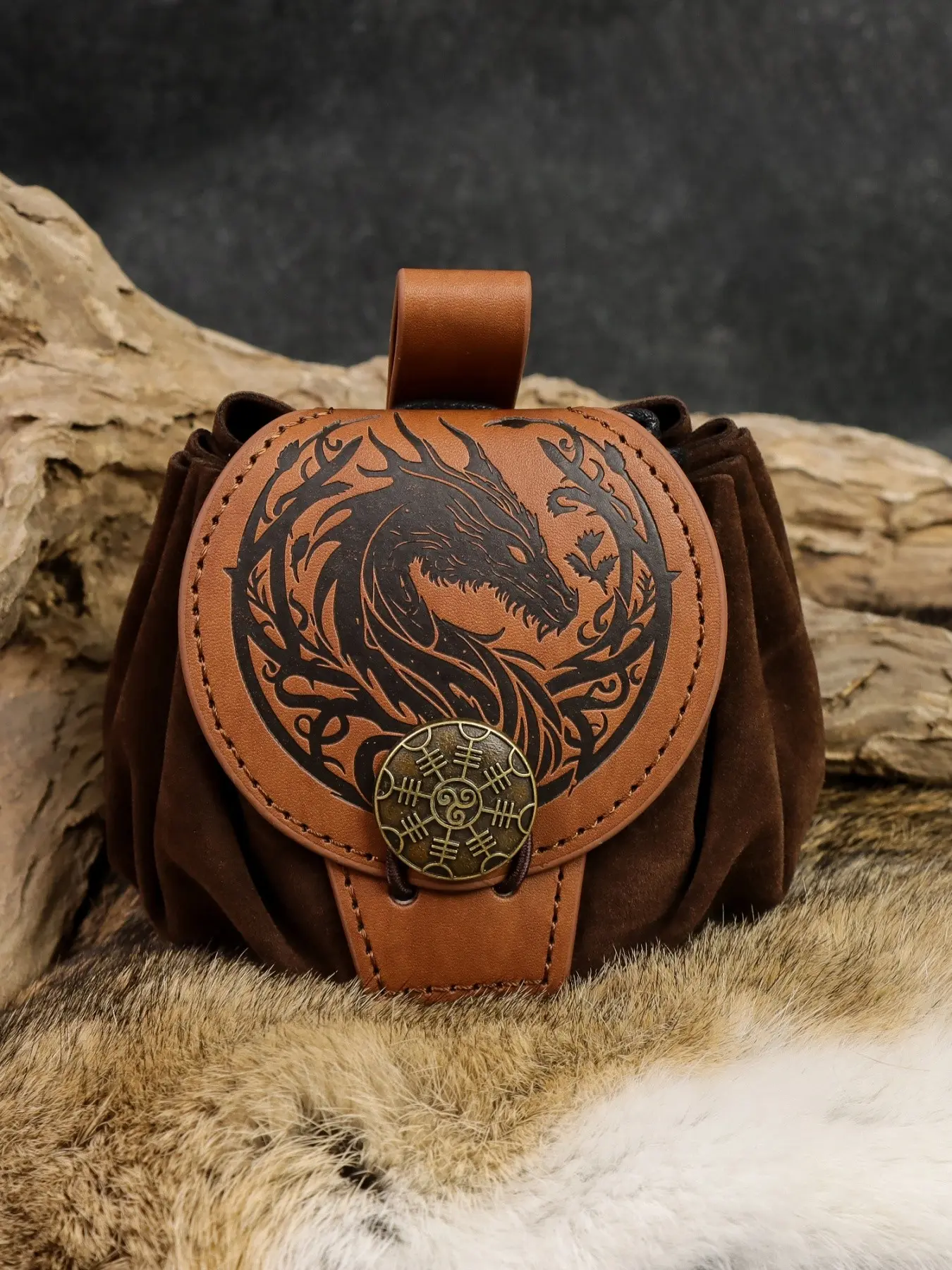 Medieval Dragon PU Leather Waist Bag, Viking Vegvisir Drawstring Pouch, Dice Coin Accessory Holder, Fantasy Renaissance Belt Pack