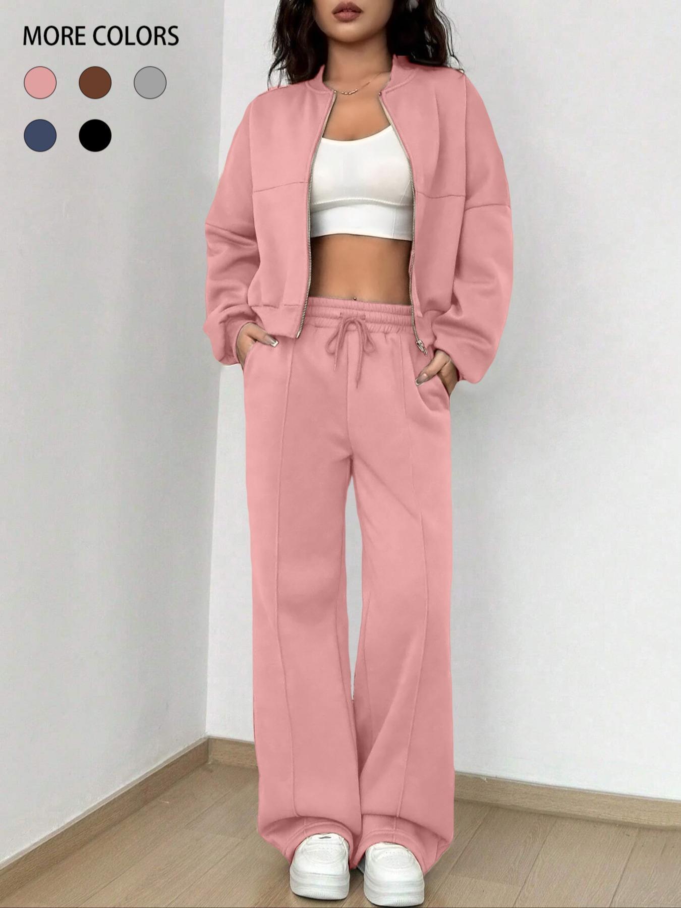 Women's Solid Zip Up Crop Jacket & Drawstring Waist Pants Two-piece Set, Casual Fashion Drop Shoulder Long Sleeve Top & High Waist Trousers for Daily Outdoor Wear, Women's Clothing for Spring & Fall